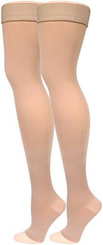 Truform Women's Compression Stockings, 20-30 mmHg, Thigh High Length, Open Toe, Opaque, Beige, Large