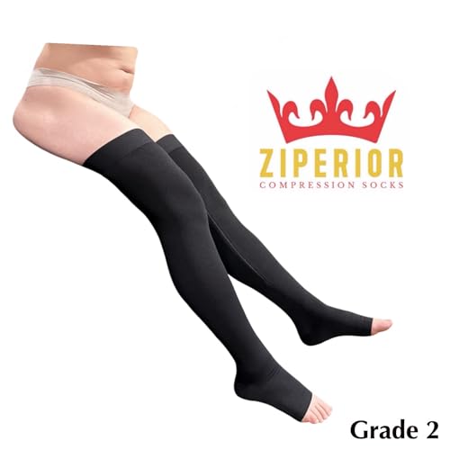 Thigh High 20-30 mmHg Compression Wide Calf Inside Leg Zipper Open Toe (Black, 5X-Large)