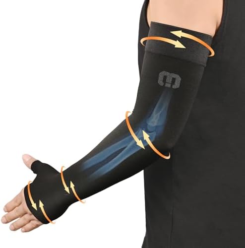 MGANG Lymphedema Compression Arm Sleeve with Gauntlet for Women Men, Opaque, 15-20 mmHg Medical Graduated Compression Full Arm Support, Thumb Lymph Edema Arm Sleeve, Pain Relief, Arthritis, Black XL