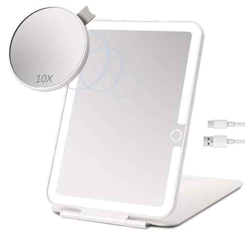 Rechargeable Travel Makeup Mirror with Lights, Portable Lighted Regular Mirror with Small 10X Magnification, 70 LEDs 3 Color Dimmable, Tabletop Folding Compact Cosmetic Mirror