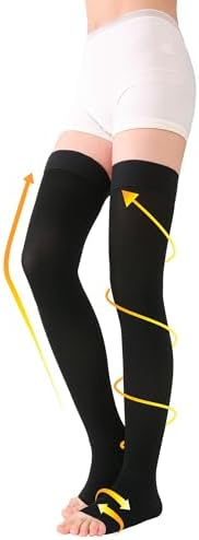 TOFLY® Thigh High Compression Socks for Women & Men (Pair), Open Toe, Opaque, Firm Support 30-40mmHg Graduated Compression Hose, Medical Compression Stockings for Varicose Veins, Edema, DVT,Black 3XL