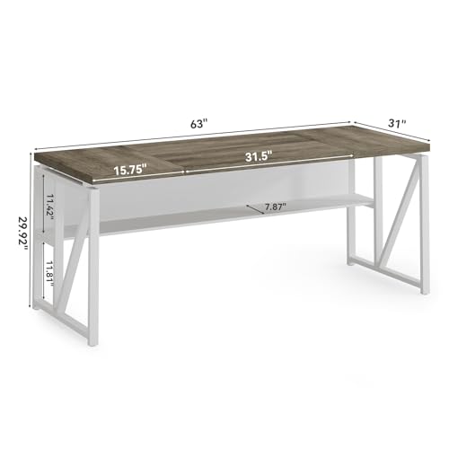 LITTLE TREE 63-Inch Executive Office Desk, Large Computer Desk with Storage Shelf, Executive Desk with Metal Frame, Thickened Desktop, Study Writing Desk Work Station for Home Office, Grey + White