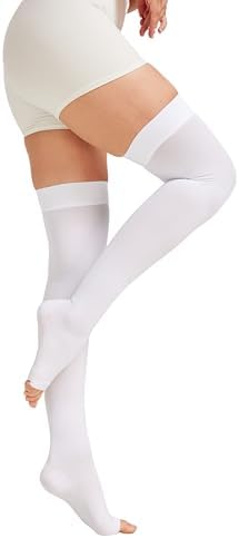 MGANG Medical Thigh High Compression Stockings for Men & Women, Pair, Open Toe, 15-20 mmHg Graduated Compression Support Hose, Opaque, Best for Varicose Veins, Edema, Flight, DVT, Swelling, White 4XL