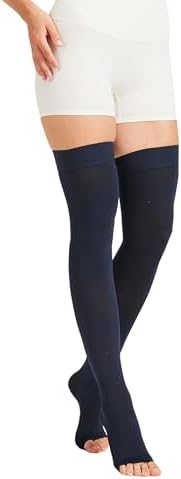 MGANG Medical Thigh High Compression Stockings for Men & Women, Pair, Open Toe, 15-20 mmHg Graduated Compression Support Hose, Opaque, Best for Varicose Veins, Edema, Flight, Swelling, Navy Blue 2XL