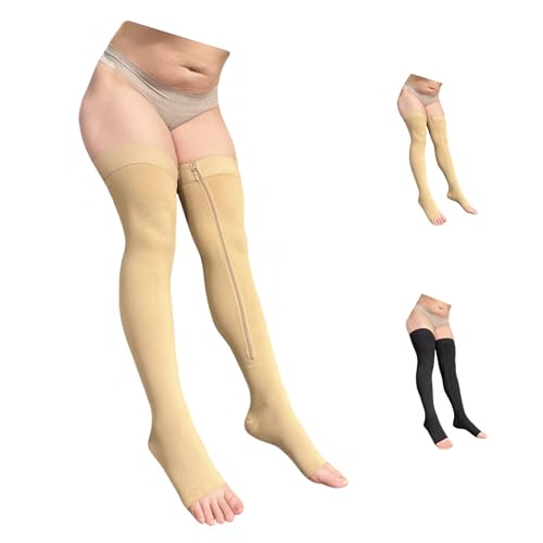 Thigh High 20-30 mmHg Compression Wide Calf Inside Leg Zipper Open Toe (Nude, 5X-Large)