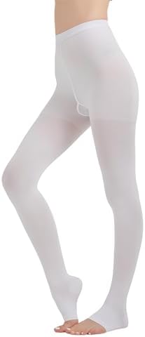 MGANG Medical Compression Pantyhose for Women & Men, 15-20mmHg Graduated Compression Support Tights, Open Toe, Opaque Waist High Compression Stockings for Edema, Varicose Veins, Flight, DVT, White S