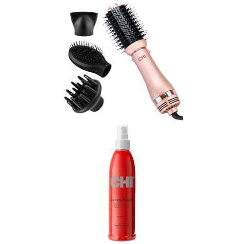Bundle of CHI Volumizer 4-in-1 Blowout Brush, Hair Dryer for Smooth, Silky & Shiny Hair, Rose Gold + CHI 44 Iron Guard Thermal Protection Spray, Nourishing Formula, Clear, 8 Oz