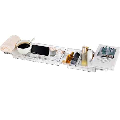 Expandable Bathtub Tray for Tub - Clear Bath Caddy, Waterproof Bathroom Storage Organizer, 22.3" up to 31.7", Spa Organizer for Wine, Books & Phone, Ideal Spa Accessory for Women & Adults
