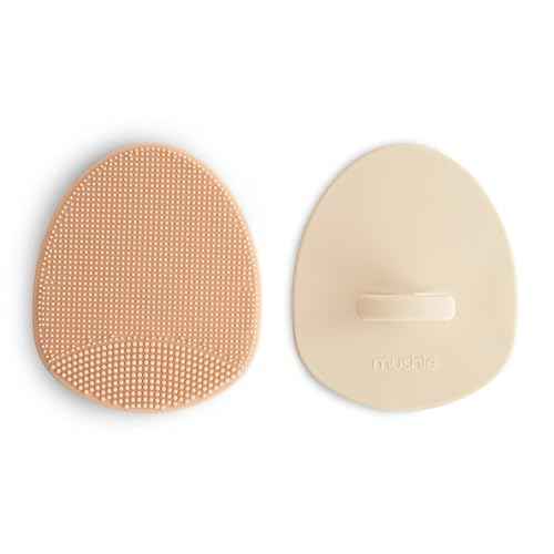 mushie Baby Bath Cradle Cap Brush | Soft Silicone Bristles for Dry Skin, Eczema, & Cradle Cap Treatment | 2-Pack (Blush/Shifting Sand)