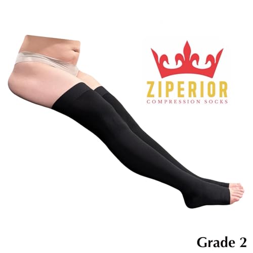 Thigh High 20-30 mmHg Compression Wide Calf Inside Leg Zipper Open Toe (Black, 5X-Large)