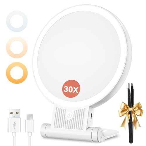 Auxmir 1X/30X Magnifying Mirror with Light, Double Sided Makeup Mirror with Adjustable 3 Color Light, 2000mAh Rechargeable Lighted Magnifying Mirrors with Tweezer, Foldable Travel Mirror with Rotation