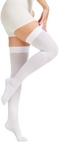 MGANG Medical 15-20 mmHg Compression Stockings for Women & Men, Pair, Thigh High Graduated Compression Socks, Closed Toe, Opaque, Support for Varicose Veins, Edema, DVT, Swelling, Flight, White S