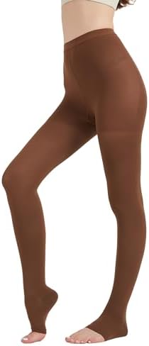 MGANG Medical Compression Pantyhose for Women & Men, 20-30mmHg Graduated Compression Support Tights, Open Toe, Opaque Waist High Compression Stockings for Edema, Varicose Veins, Flight, DVT, Brown XXL