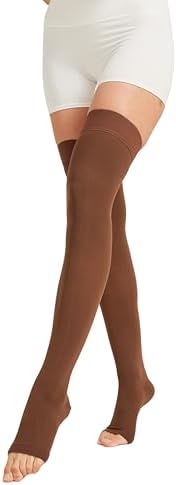 MGANG Medical Thigh High Compression Stockings for Men & Women, Pair, Open Toe, 15-20 mmHg Graduated Compression Support Hose, Opaque, Best for Varicose Veins, Edema, Flight, DVT, Swelling, Brown M
