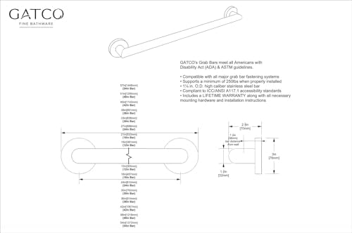 Gatco 962MX Glam 18" L Grab Bar, Matte Black/ADA Compliant Stainless Steel Safety Grab Bar for Bathroom
