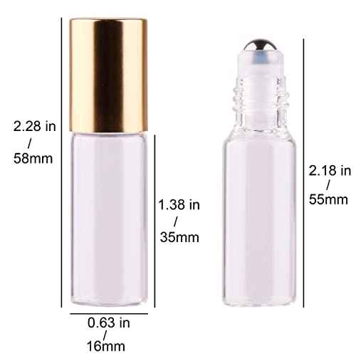 MaxMau Roller Bottles for Essential Oils, 24pcs 5ml Roll on Bottle Clear Glass Sample Test Refillable with Opener Funnel Dropper Golden Cap For Home Travel