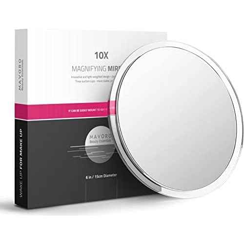 Mavoro 6'' Magnifying Mirror with 3 Strong Suction Cups | 10X Magnification | Portable Travel Makeup & Cosmetic Mirror (10X)