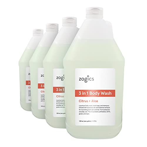 Zogics 3-in-1 Body Wash ? Body Soap, Shampoo, and Hand Soap Liquid Refill All-in-One, Hydrating Plant-Based Formula, Refreshing Citrus + Aloe Scent (4 Gallons/Case)