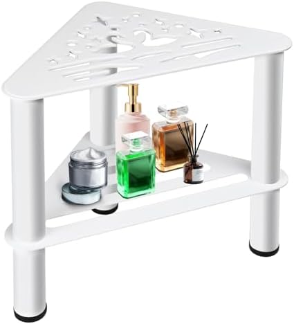 Corner Shower Stool for Shaving Legs - Metal Foot Rest Bench with Storage Shelf, Waterproof Non-Slip Chair for Bathroom Spa, White