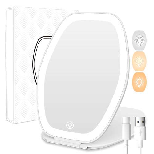 Travel Makeup Mirror with Light: 3 Color Lighting Portable Mirror with Touch Screen Rechargeable Adjustable LED Lights Hexagon Vanity Mirror for Travel, Desk, Home (White)