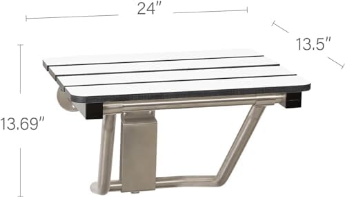24" x 15" Phenolic White 3” Slats Folding Wall Mount Shower Seat Bench, ADA Compliant