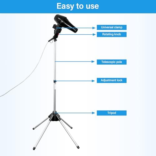 Adjustable Hands-Free Hair Dryer Stand Holder 360 Degree Rotation,Blow Dryer Holder Countertop With Non-Slip Tripod and Universal Clip