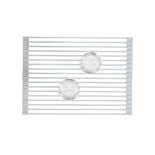Restaurantware 16.93 x 12.99 Inches Stainless Steel Drying Rack - 12 Count - Clean Tek Professional Dish Drainer, Roll-Up, Non-Slip - Space-Saving Over-The-Sink Rack - Silicone Coated Gray