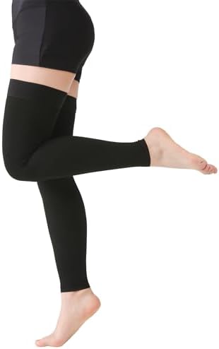 MGANG 15-20 mmHg Compression Stockings for Women & Men, Thigh High Medical Footless Graduated Compression Sleeves with Silicone Dot Band, for Varicose Veins, Edema, Travel, Flight, Pregnant, Black L