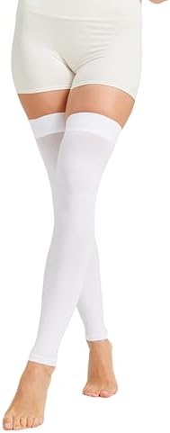 MGANG 15-20 mmHg Compression Stockings for Women & Men, Thigh High Medical Footless Graduated Compression Sleeves with Silicone Dot Band, for Varicose Veins, Edema, Travel, Flight, Pregnant, White M