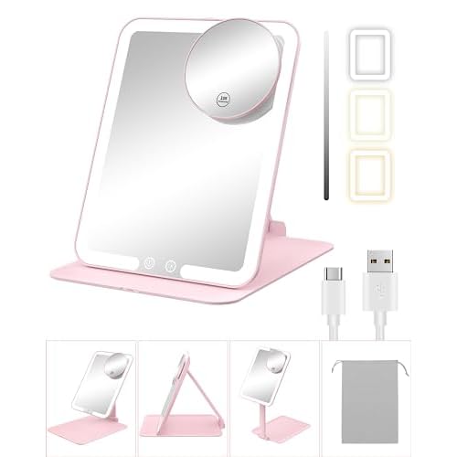 Gospire Travel Makeup Mirror with Lights and Magnification 10X, Portable Make Up Compact Tabletop Mirror with Adjustable Stand, 3 Colored Lights Rechargeable Lighted LED Vanity Mirror - Pink
