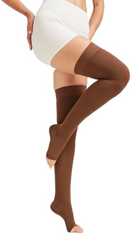 MGANG Medical Thigh High Compression Stockings for Men & Women, Pair, Open Toe, 15-20 mmHg Graduated Compression Support Hose, Opaque, Best for Varicose Veins, Edema, Flight, DVT, Swelling, Brown XL