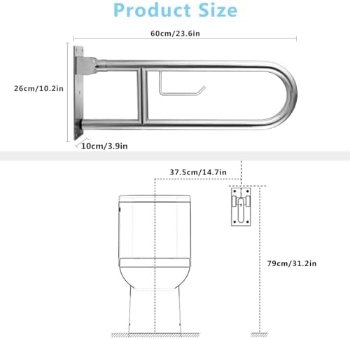 Toilet Grab Bar Stainless Steel Handicap Rails Grab Bars Bathroom Support for Elderly Disabled Safety Hand Railing Guard Frame Shower Assist Aid Handrails Hand Grips (23.6 Inches with Paper Holder)