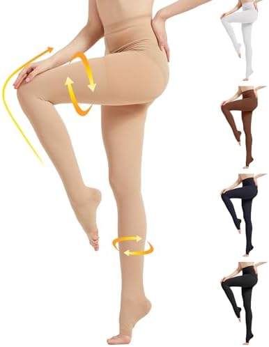 MGANG Medical Compression Pantyhose for Women & Men, 15-20mmHg Graduated Compression Support Tights, Open Toe, Opaque Waist High Compression Stockings for Edema, Varicose Veins, Flight, DVT, Beige L