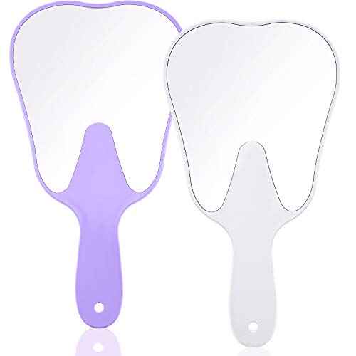 Jetec 2 Pieces Tooth Shaped Handheld Mirror Cute Makeup Mirror Hand Held Plastic Dental Mirrors with Handle Cosmetic Hand Mirror Back to School for Women Men Gifts(White, Purple)