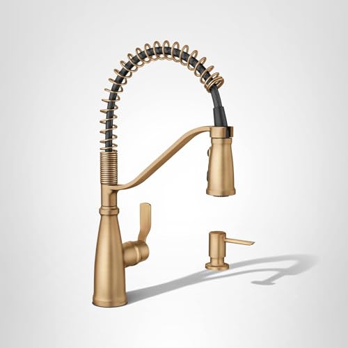 Moen Nolia Bronzed Gold One-Handle Single Hole Spring Kitchen Faucet with Pull Down Sprayer and Soap Dispenser, 87886BZG