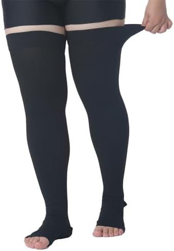 MGANG Medical Thigh High Compression Stockings for Men & Women, Pair, Open Toe, 15-20 mmHg Graduated Compression Support Hose, Opaque, Best for Varicose Veins, Edema, Flight, DVT, Swelling, Black 4XL