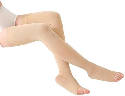 TOFLY® Thigh High Compression Stockings for Women & Men (Pair), Open Toe, Opaque 20-30 mmHg Graduated Compression Hose, Medical Compression Stockings for Varicose Veins, Edema, DVT, Travel,Beige 5XL