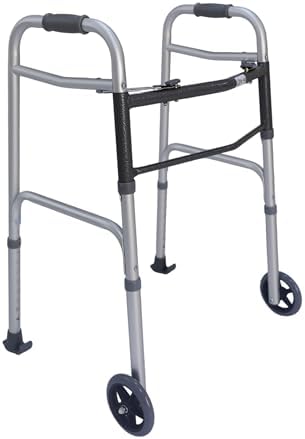 Dr. Aid Premium 2 Button Folding Walker with Wheels, Rolling Front Wheel Walker, Lightweight Walkers for Seniors, Durable Aluminum Frame, Adjustable Height, Supports Up to 400lbs, Aluminum Gray