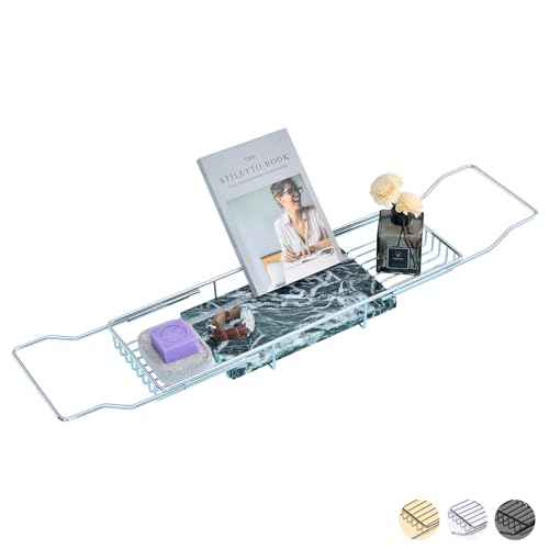 Bathtub Tray Caddy for Luxury Bath Expandable Extra Wide Bath Tub Tray with Natural Marble Tray and Mobile/Tablet Stand, Ideal for Home Spa Lovers(Chrome + Large Flower Green)