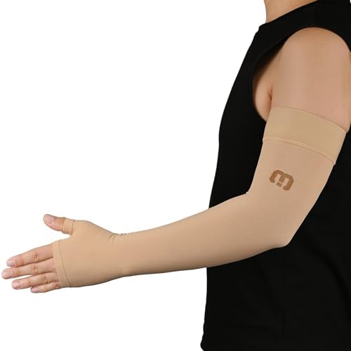 MGANG Lymphedema Compression Arm Sleeve with Gauntlet for Women Men, Opaque, 15-20 mmHg Medical Graduated Compression Full Arm Support, Thumb Lymph Edema Arm Sleeve, Pain Relief, Arthritis, Beige S