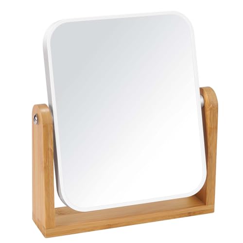 LFOYOU Vanity Makeup Mirror with Natural Bamboo Stand, Double Sided 360 Degree Swivel Magnifying Mirror, Tabletop Magnified Make up Mirror for Bathroom or Bedroom 8 Inch