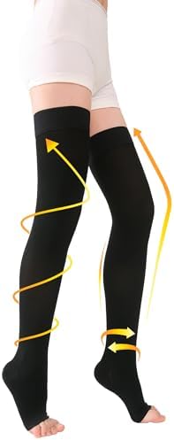 TOFLY® Thigh High Compression Stockings for Women & Men (Pair), Open Toe, Opaque 20-30 mmHg Graduated Compression Hose, Medical Compression Stockings for Varicose Veins, Edema, DVT, Travel,Black 5XL