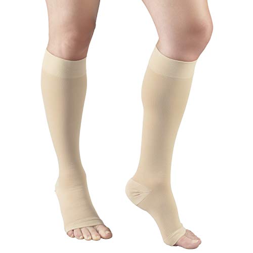 Truform 20-30 mmHg Compression Microfiber Stockings for Men and Women, Knee High Length, Open Toe, Beige, Large