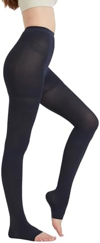MGANG Medical Compression Pantyhose for Women & Men, 20-30mmHg Graduated Compression Support Tights, Open Toe, Opaque Waist High Compression Stockings for Edema, Varicose Veins, Flight, Navy Blue XL