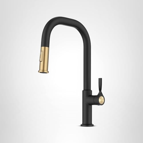 KRAUS Torak Pull Down Kitchen Faucet in Spot-Free Brushed Brass/Matte Black with 2 Function Sprayer, Pre-Attached Water Lines, and Mounting Hardware, KPF-2841SFBBMB