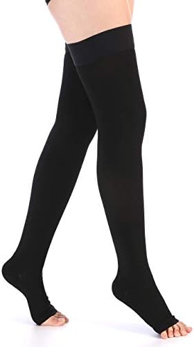 Leotruny Women Men 20-30 mmHg Support Open-Toe Thigh High Compression Stockings (C02-Black, Medium (1 Pair))