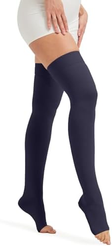 MGANG Medical Thigh High Compression Stockings for Men & Women, Pair, Open Toe, 15-20 mmHg Graduated Compression Support Hose, Opaque, Best for Varicose Veins, Edema, Flight, Swelling, Navy Blue S