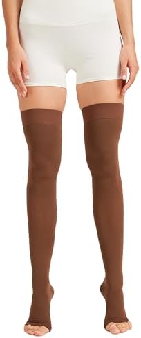 MGANG Medical Thigh High Compression Stockings for Men & Women, Pair, Open Toe, 15-20 mmHg Graduated Compression Support Hose, Opaque, Best for Varicose Veins, Edema, Flight, DVT, Swelling, Brown M