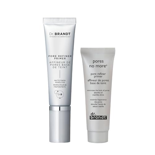 Dr. Brandt Pores No More, Pore Refiner Primer Bundle - Instantly Minimizes the Appearance of Pores, Absorbs Oil & Mattifies Shine - 0.5 fl oz + 1.0 fl oz Size
