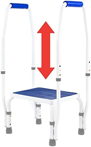 Platinum Health AdjustaStep(tm) Bariatric DoubleSafe Deluxe Step Stool/Footstool with Dual Handle/Handrail, Height Adjustable. Modern White/Blue Design. Padded Non-Slip Hand Grips